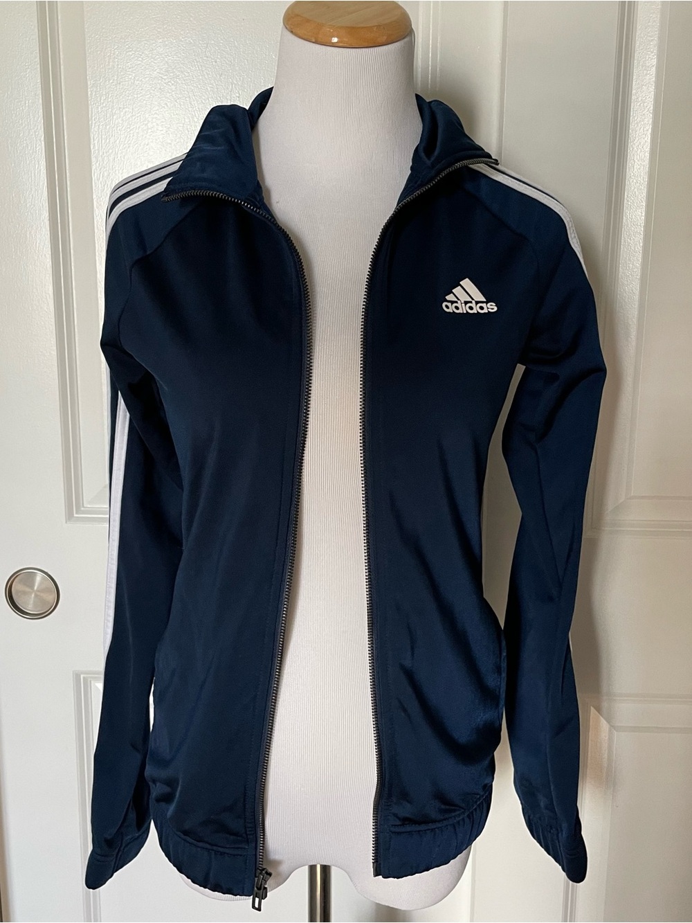 Adidas Navy Blue Track Jacket with White Stripes Women’s Size XS